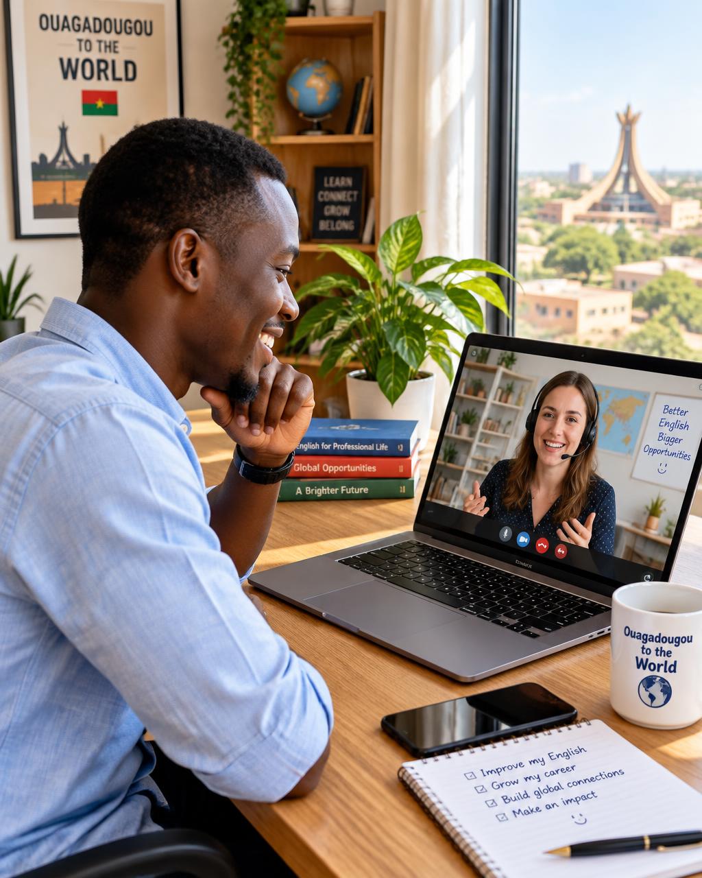 Une étudiante Nova à Ouagadougou suit un cours d’anglais en ligne avec un professeur international